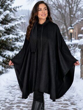 Alpaca Camargo Black Women's Poncho Cape Attached Neck Scar One Size Winter